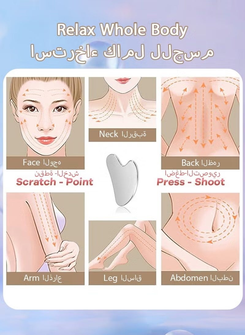 ULIOVA أداة جوا شا للوجه من الفولاذ المقاوم للصدأ، مقشرة تدليك للجسم كله لتشديد البشرة واسترخاء العضلات، جهاز جمال للعين والرقبة والوجه مع كيس سفر، لون فضي - Image 4